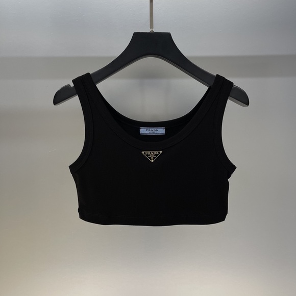 Meet the Posher Tops - Prada Black Triangle Logo Ribbed Plain Knit Cropped Vest, Crop Top